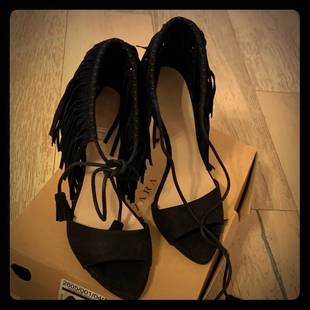 Black suede tassel sandals